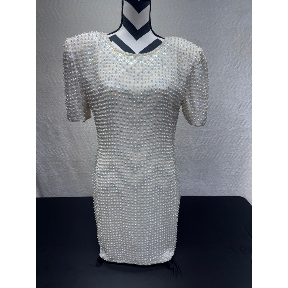 Vintage Stenay Silk Pearl Sequin Cocktail Dress Ivory Sheath Bridal Size 8